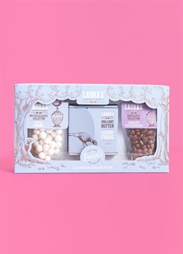 <ul>    <li>Try not to be tempted by these classic treats!</li>    <li>Contains butter fudge, toffee bonbons &amp; chocolate raisins</li>    <li>Special gift for a sweet-toothed loved one</li>    <li>Presented in a beautiful, recyclable gift box</li>    <li>Packaged weight: approx. 500g</li></ul><div>Introducing delicious sweet treats made by Laura&rsquo;s Confectionery and delivered straight to your door! This indulgent gift set contains three of Laura&rsquo;s bestselling products to treat someone you like very much &ndash; or, you know, yourself (we won&rsquo;t judge)!</div><div>&nbsp;</div><div>Laura&rsquo;s &lsquo;Classics Collection&rsquo; will take you on a fantastic tasting adventure of classic treats including one box of Brilliant Butter Fudge, one pouch of Chocolate Covered Raisins and one pouch of Toffee Bonbons &ndash; is your mouth watering yet? This gorgeously presented and fully recyclable box makes a thoughtful and generous gift for any special occasion and a great one to share with the whole family! These are all classics so really, what&rsquo;s not to like?!</div><div><strong>&nbsp;</strong></div><div><strong>Please be aware that products in this collection contain butter, milk, soya and whey, and may also contain nuts, peanuts and eggs.</strong></div>